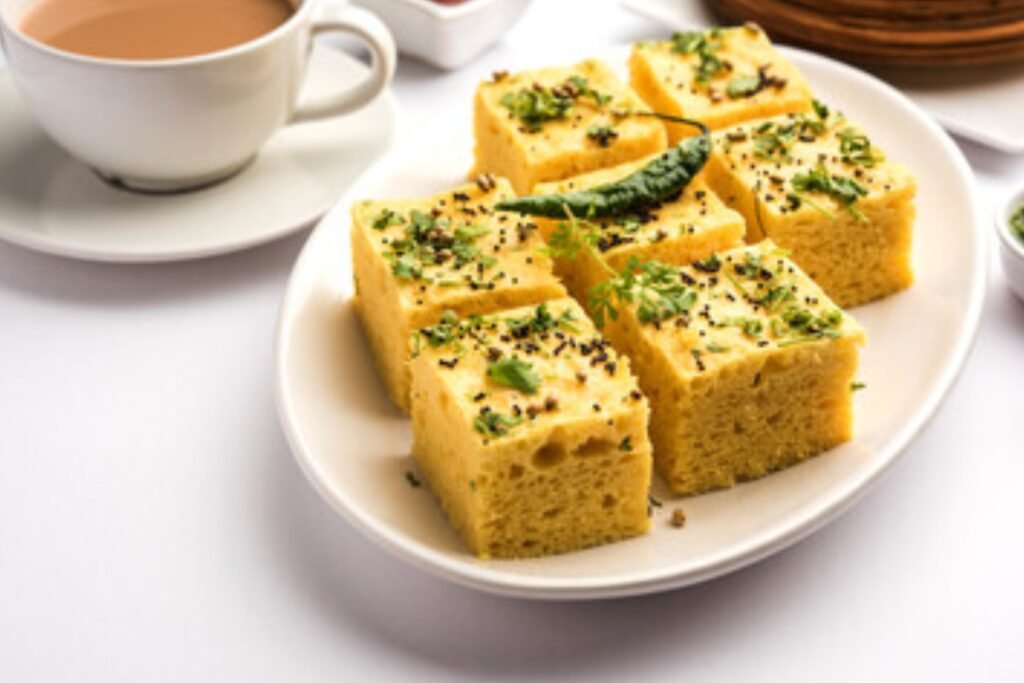 Close-up side view of besan ka dhokla recipe in a plate
