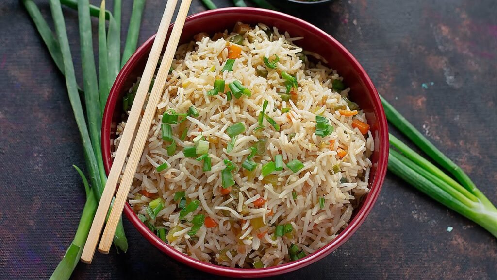 Close-up front view of Vegetable Fried Rice in bowl.