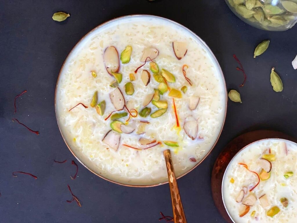 Front view of kheer in a bowl.