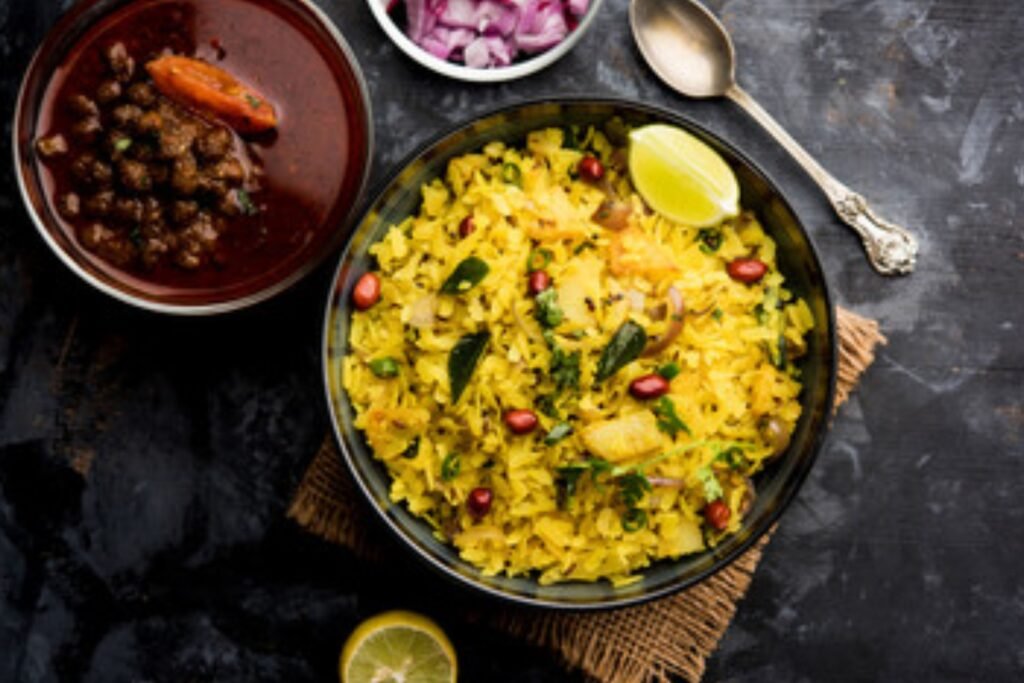 Front view of Gujrati Poha in a Black bowl